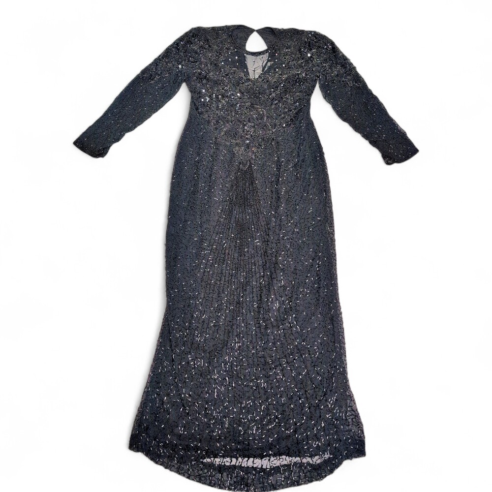Vintage Nite Line‎ Black Beaded Silk Maxi Dress Size 12
